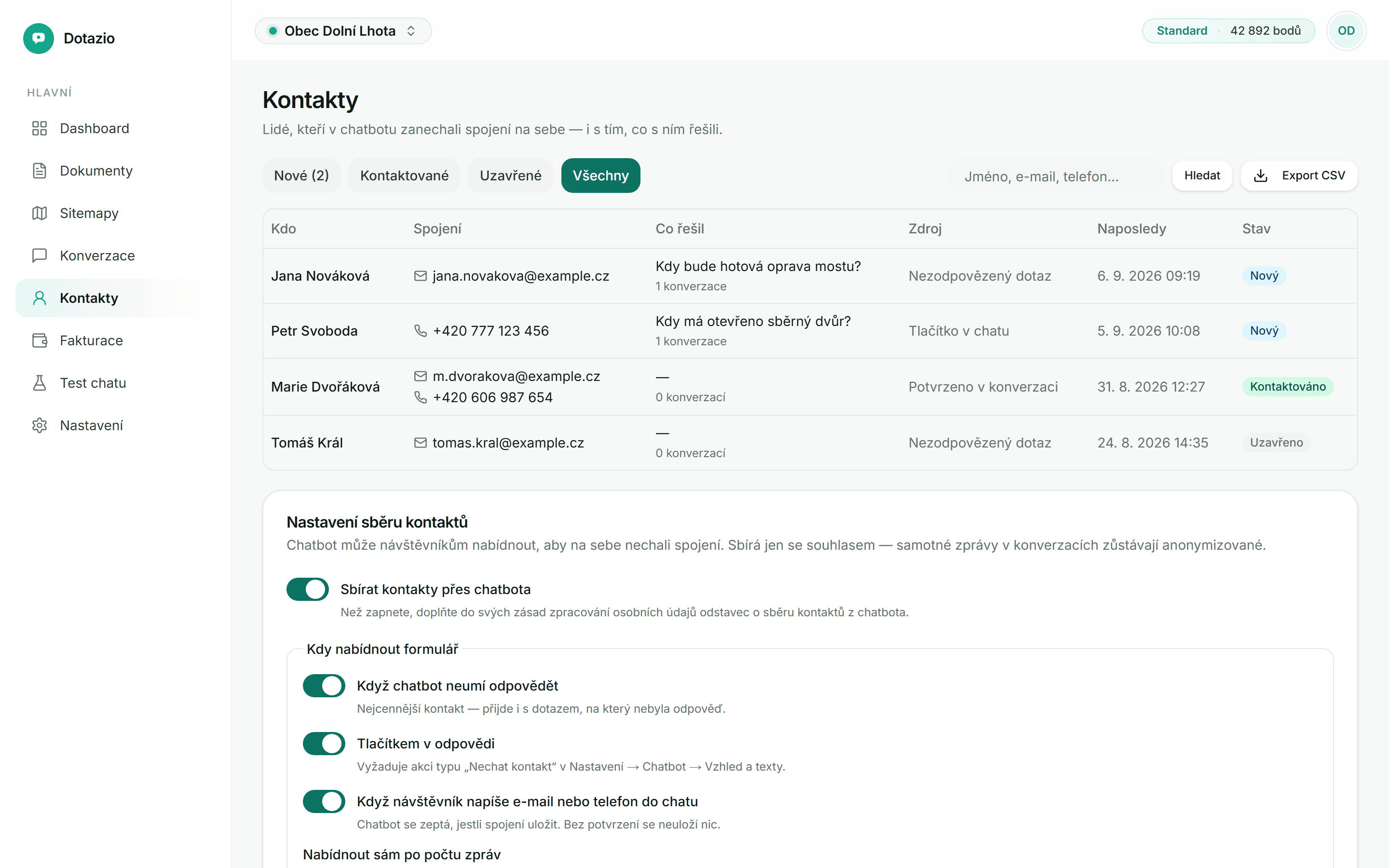 Kontakty v administraci Dotazia: kontakty zanechané návštěvníky ve widgetu se stavem vyřízení a dotazem, ke kterému patří