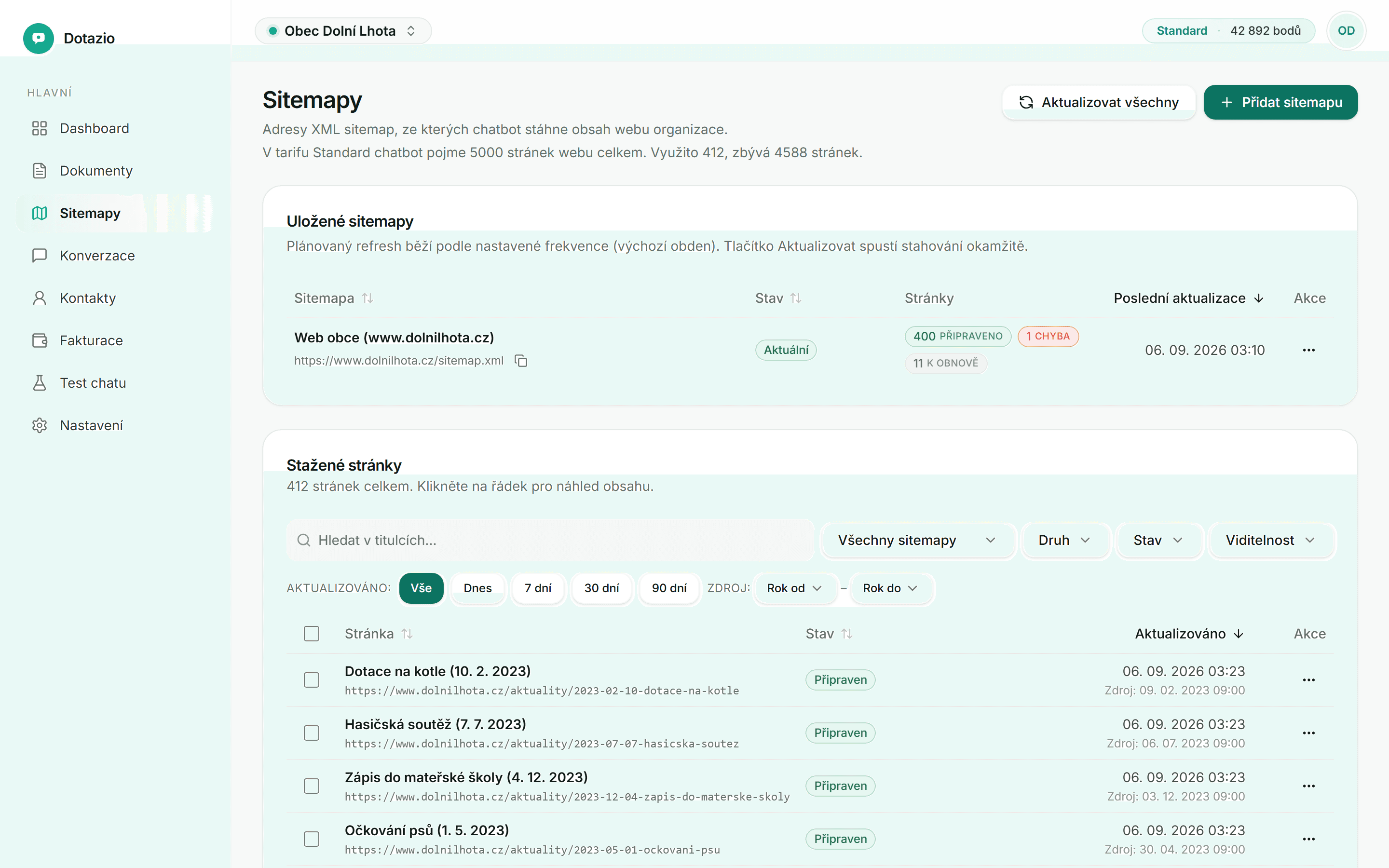 Sitemapy v administraci Dotazia: sitemapa webu obce se 400 připravenými stránkami, 11 stránkami k obnově a jednou chybou, pod tím seznam stažených stránek s časem poslední aktualizace